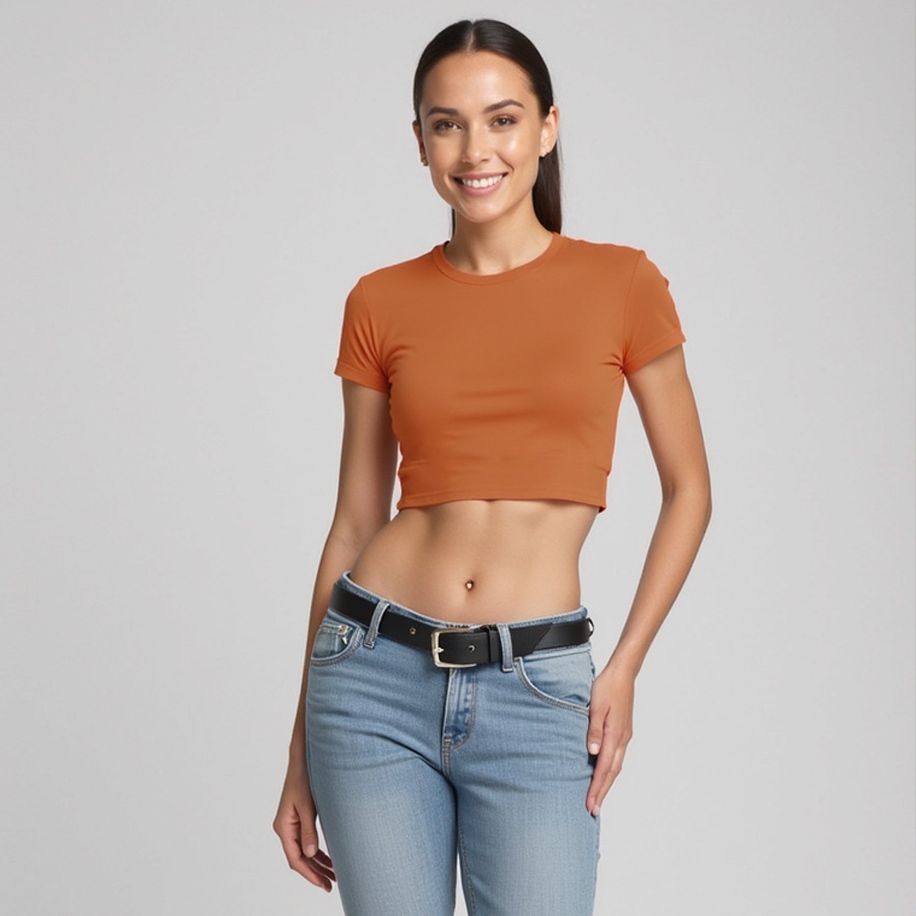 Crop Top Cuello Redondo Manga Corta Terracota