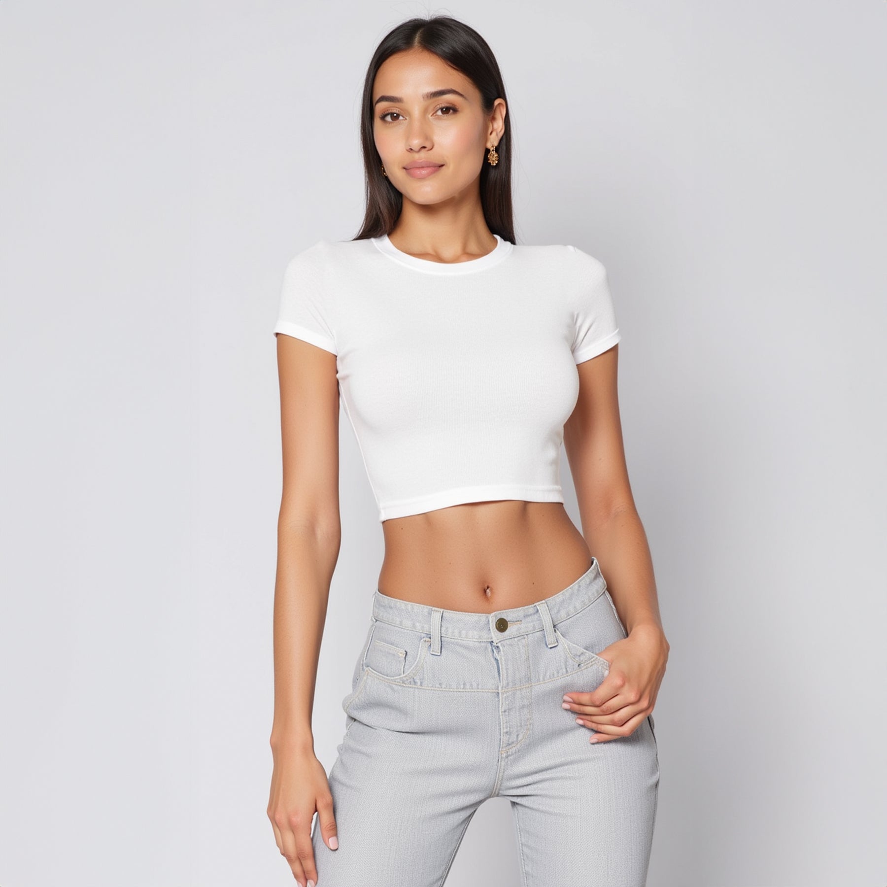 Crop Top Cuello Redondo Manga Corta Blanco