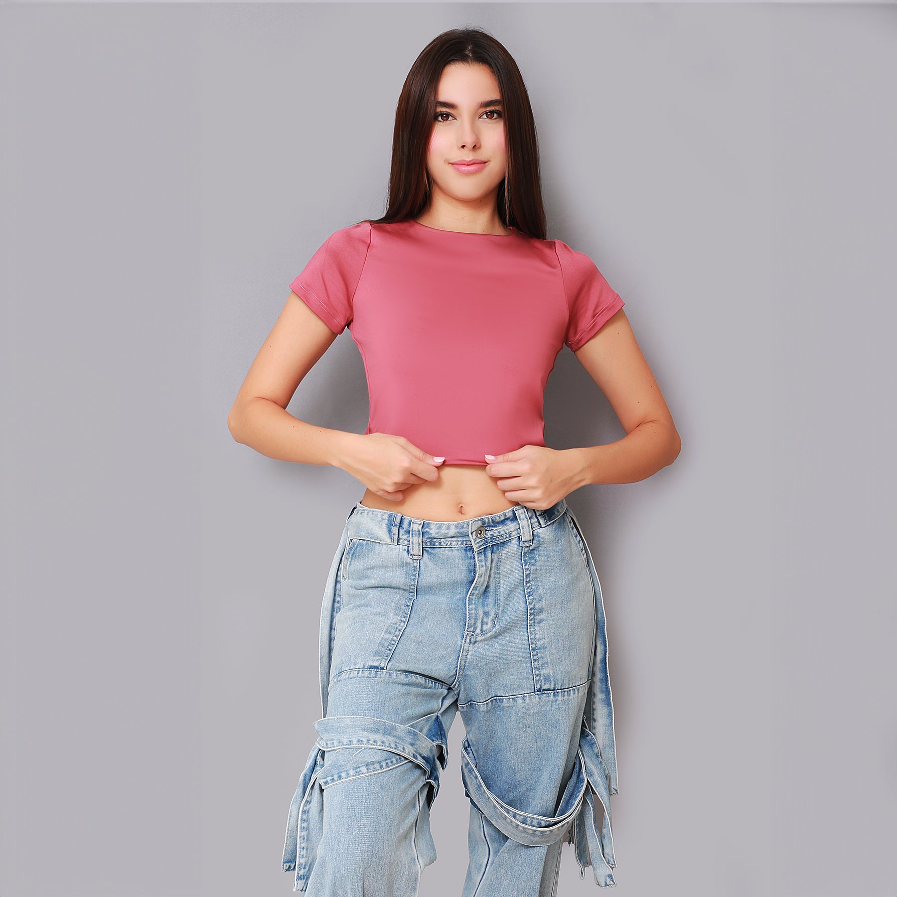Crop Top Cuello Redondo Manga Corta Rosa Ámbar