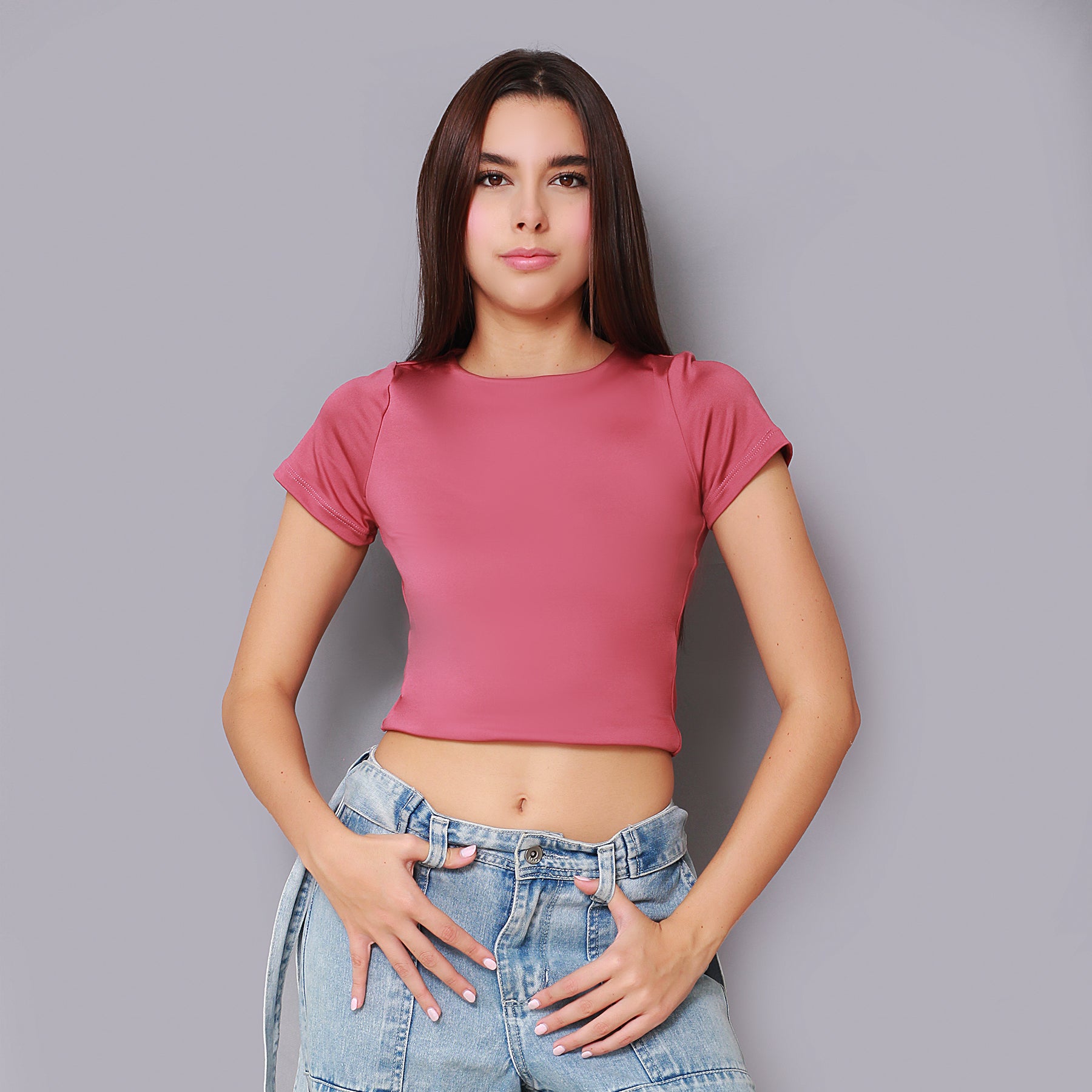 Crop Top Cuello Redondo Manga Corta Rosa Ámbar
