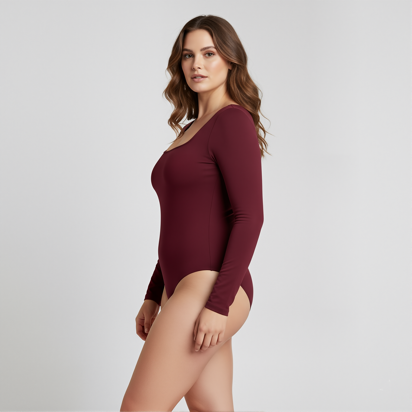 Body Cuadrado Manga Larga Borgoña Talla Grande
