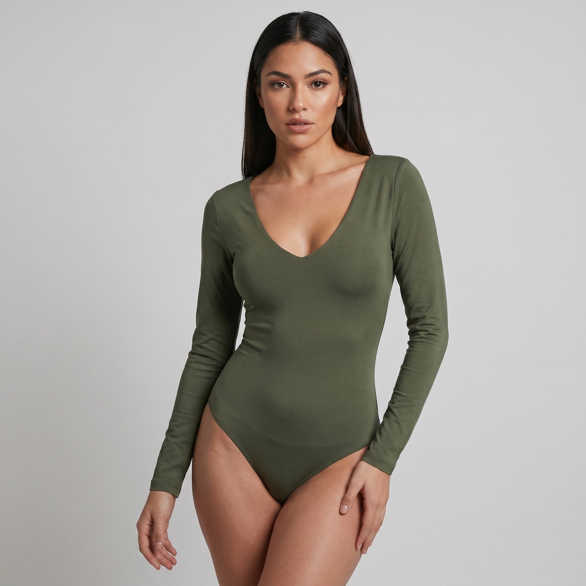 Body Escote En V Manga Larga Verde Militar