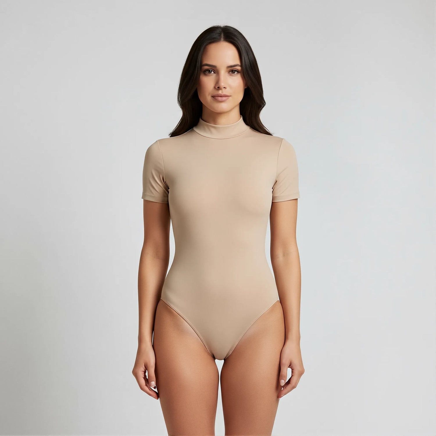 Body Cuello Alto Manga Corta Beige