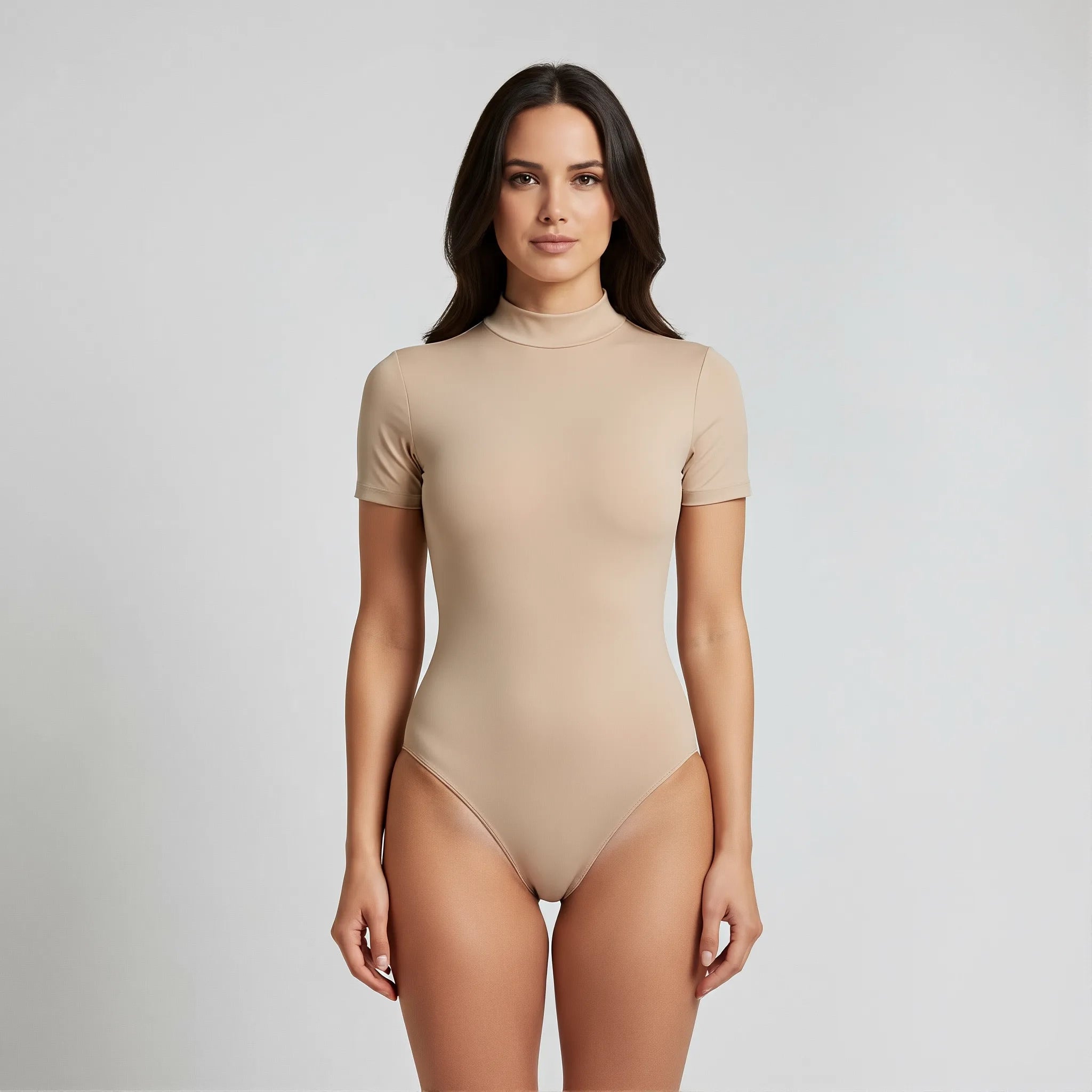 Body Cuello Alto Manga Corta Beige