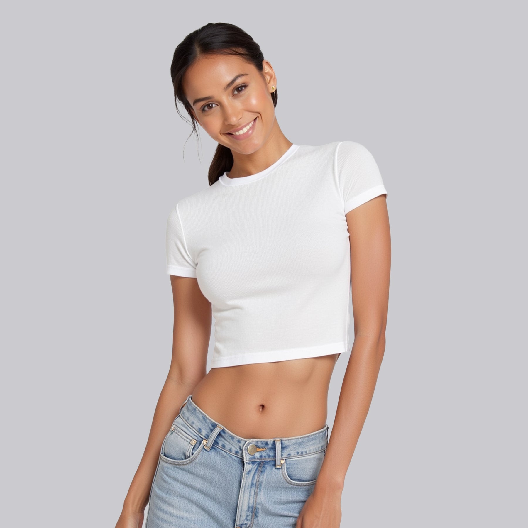 Crop Top Cuello Redondo Manga Corta Blanco