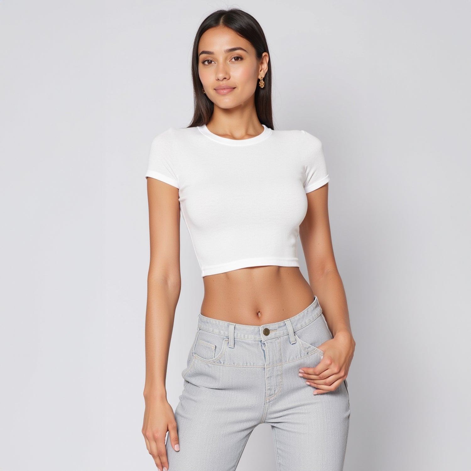 Crop Top Cuello Redondo Manga Corta Blanco