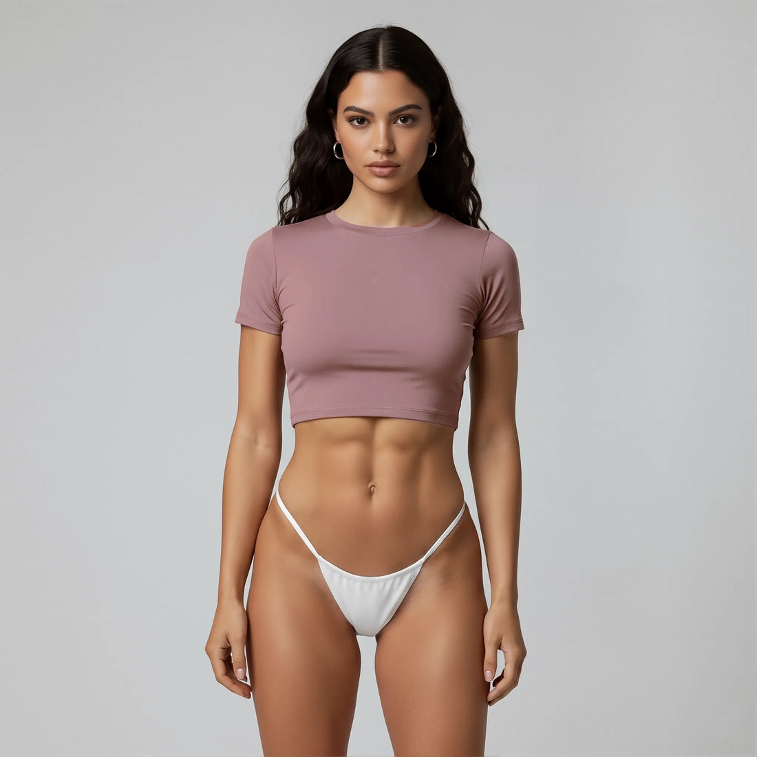 Crop Top Cuello Redondo Manga Corta Beige Tostado