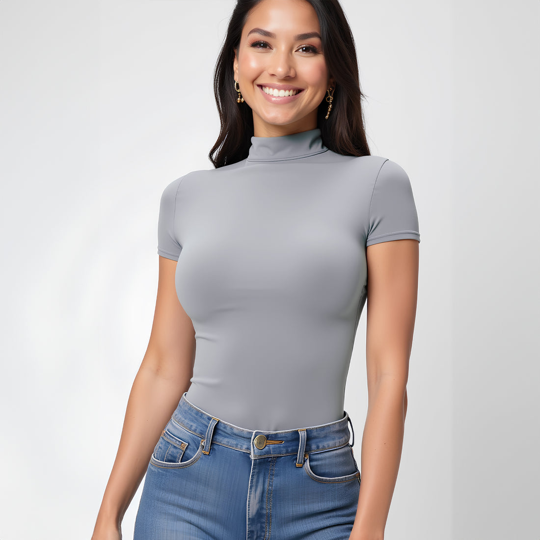 Body Cuello Alto Manga Corta Gris Perla