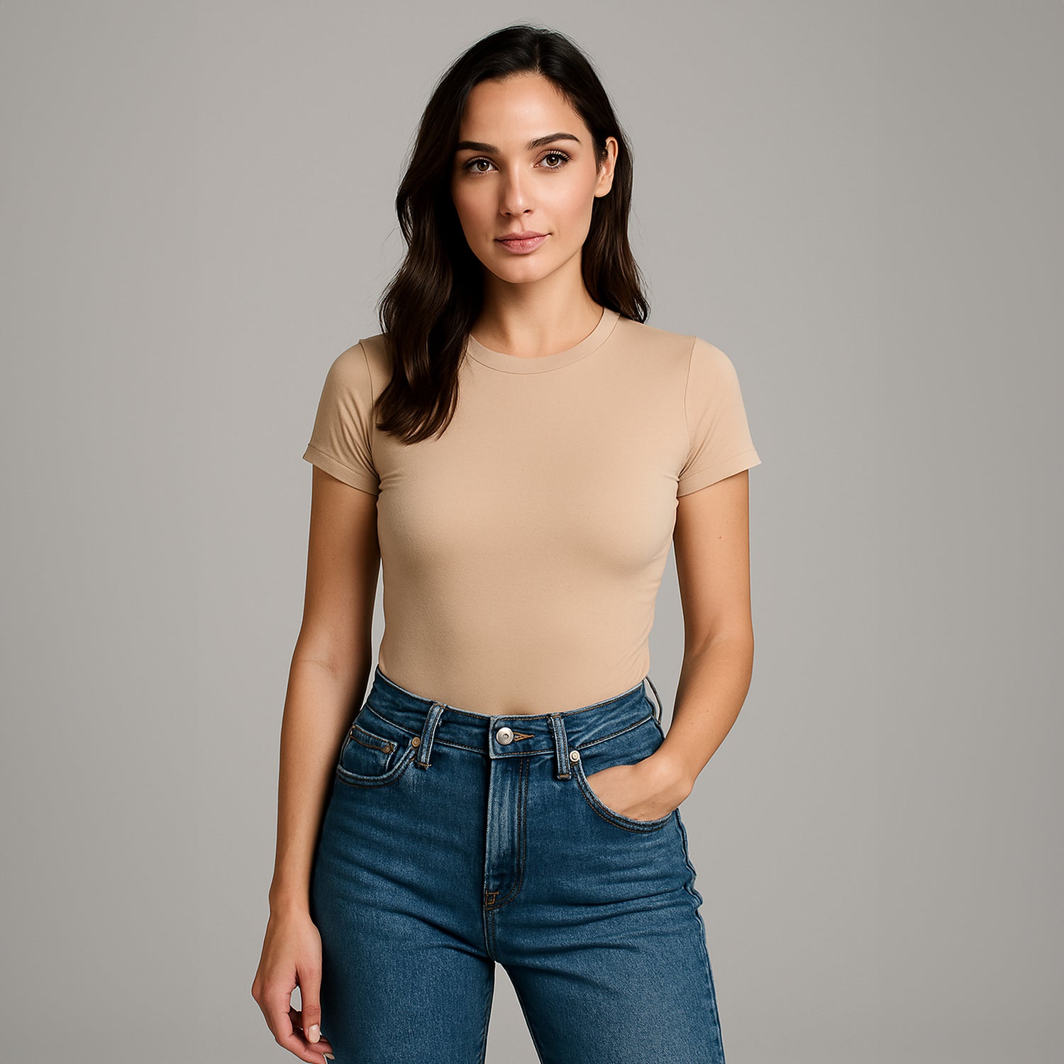 Body cuello redondo manga corta Beige