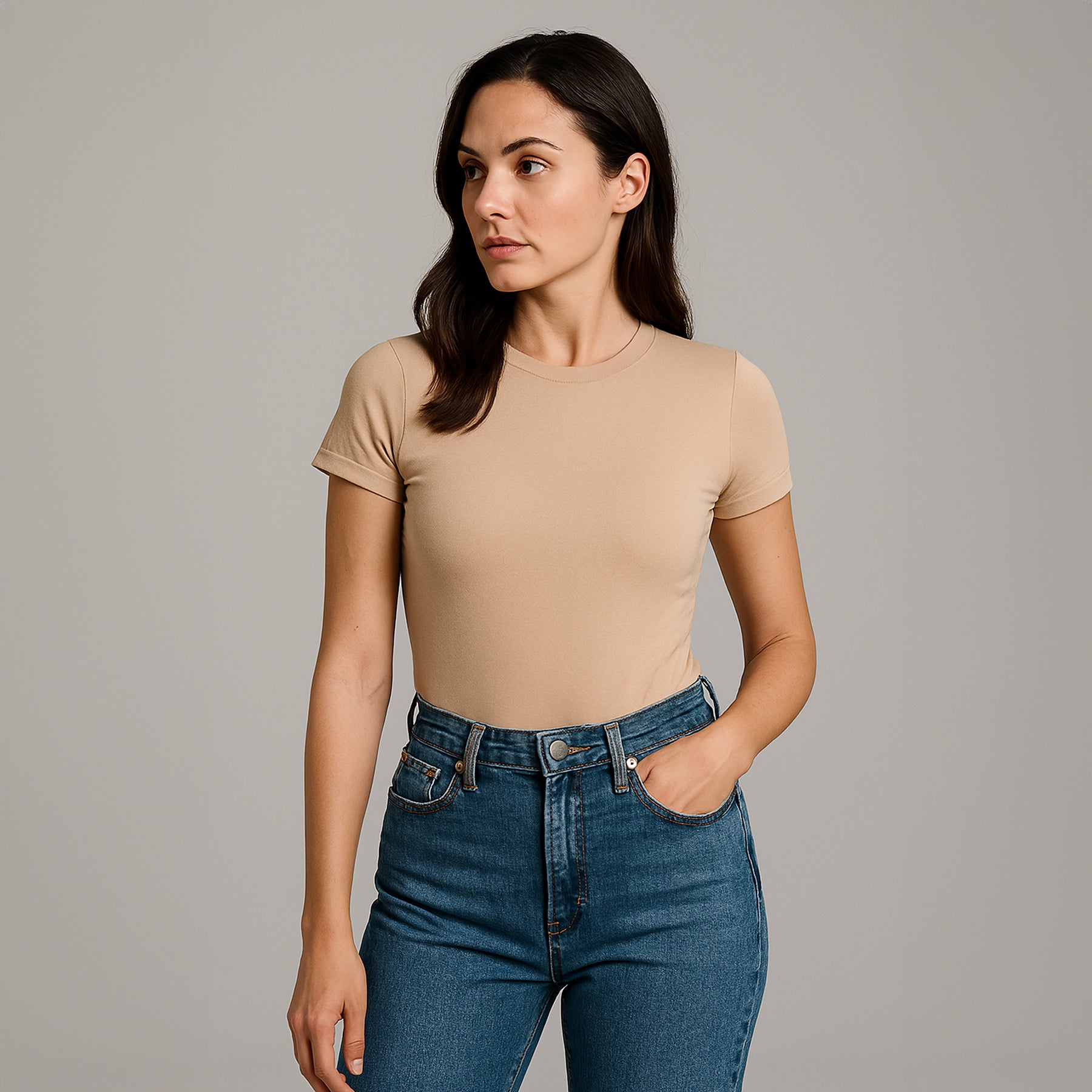 Body cuello redondo manga corta Beige