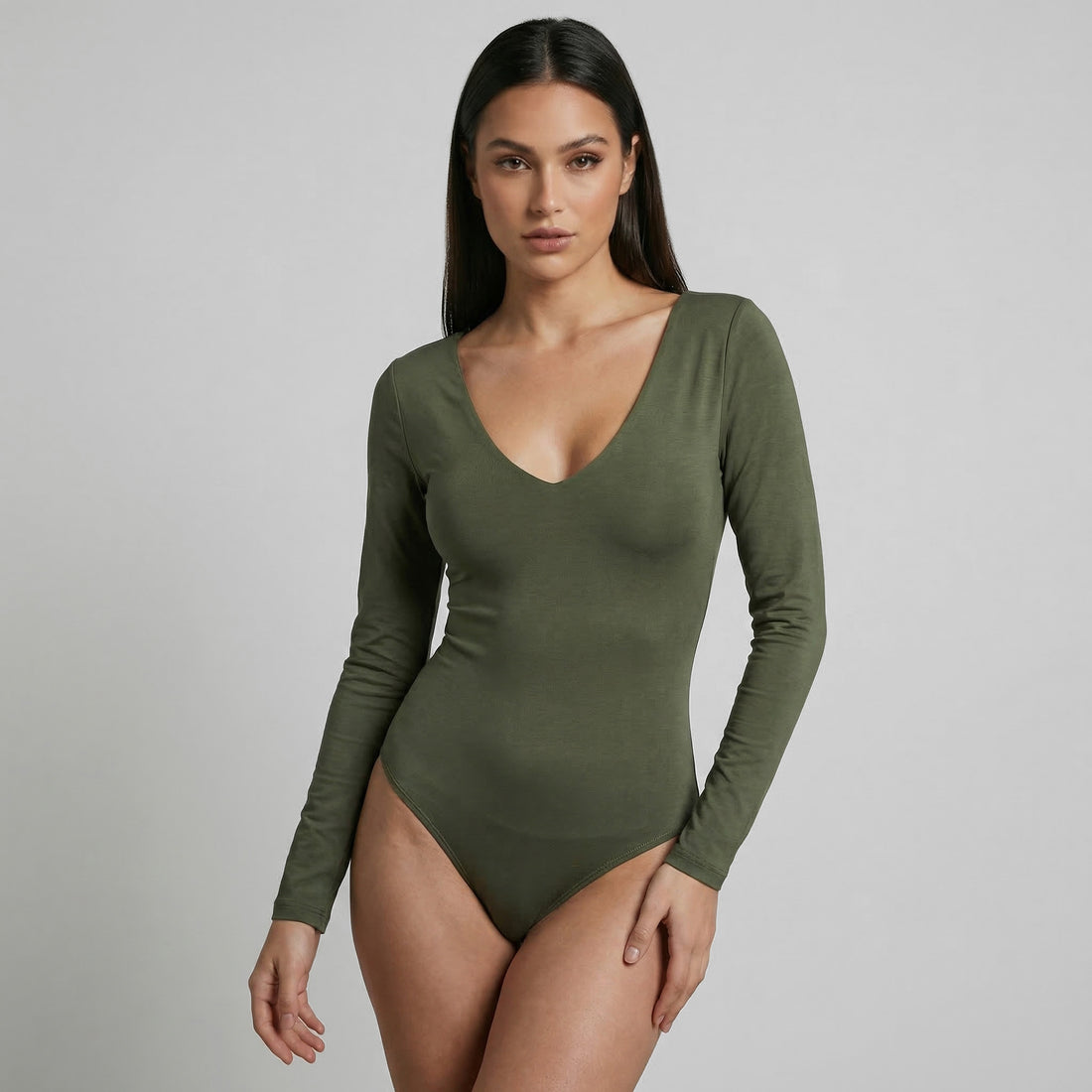 Body Escote En V Manga Larga Verde Militar