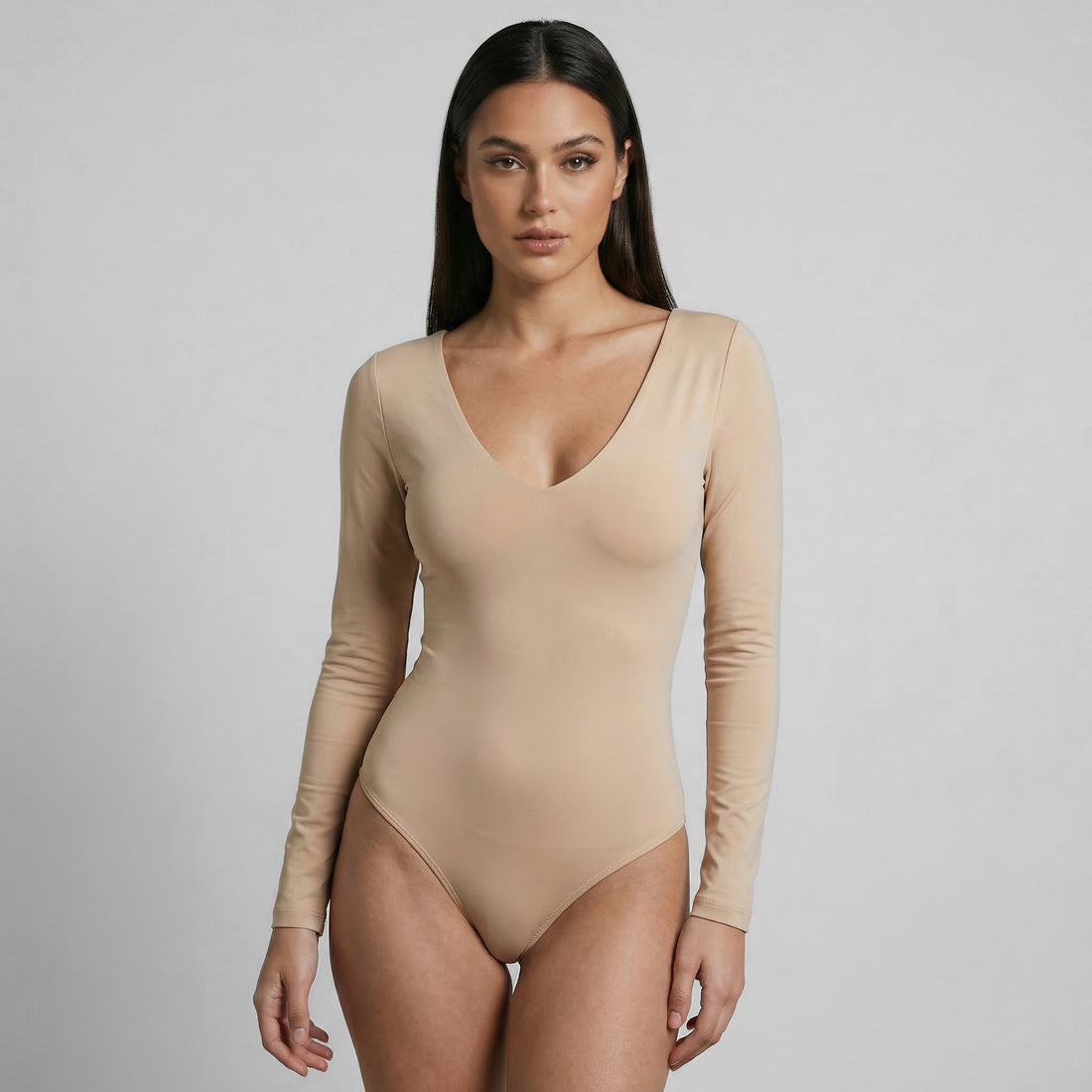 Body Escote En V Manga Larga Beige