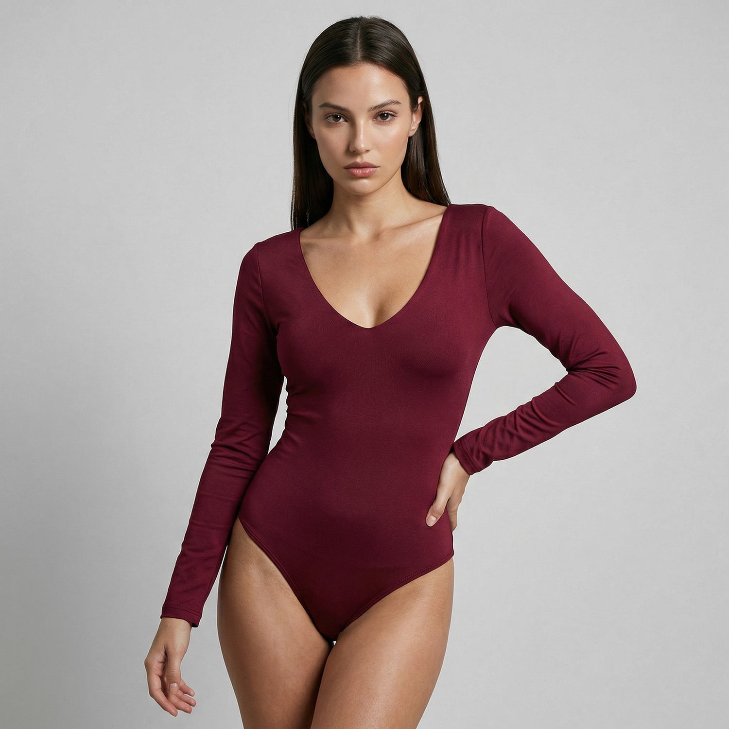 Body Escote En V Manga Larga Borgoña