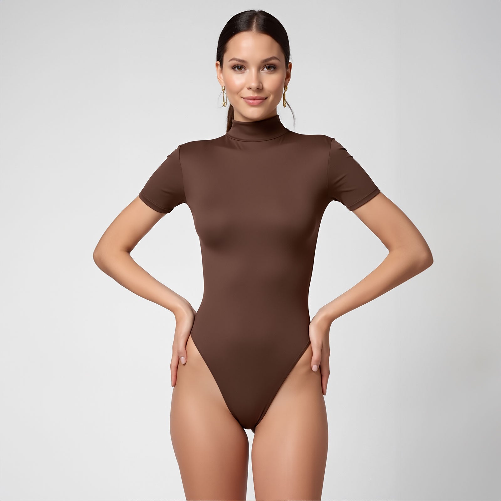 Body Cuello Alto Manga Corta Café