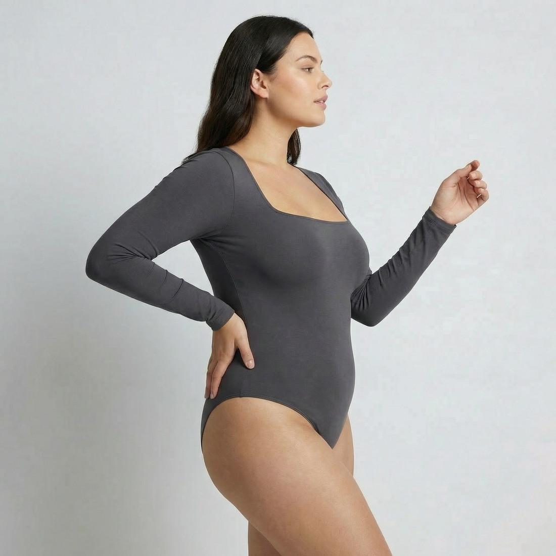 Body Cuadrado Manga Larga Gris Oscuro Talla Grande
