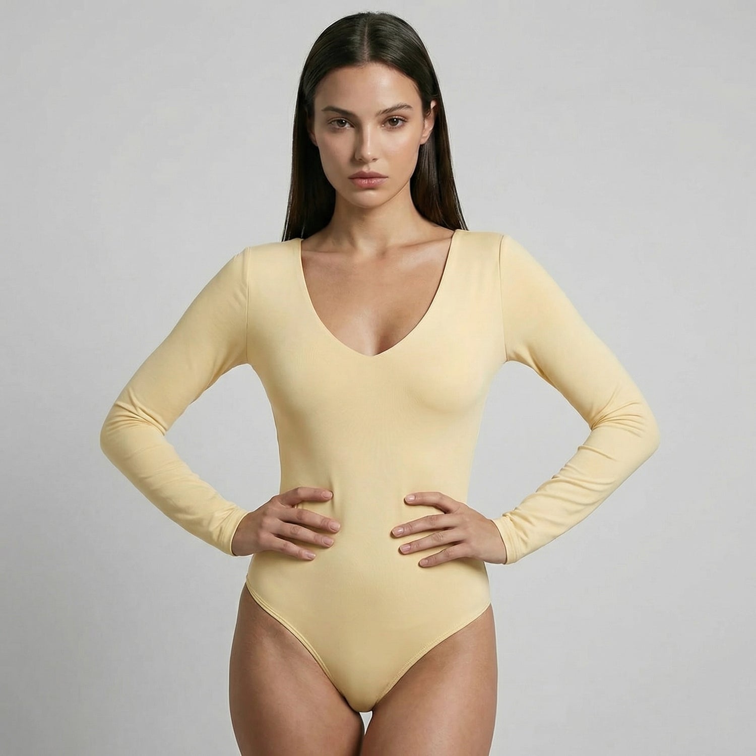 Body Escote En V Manga Larga Amarillo Mantequilla