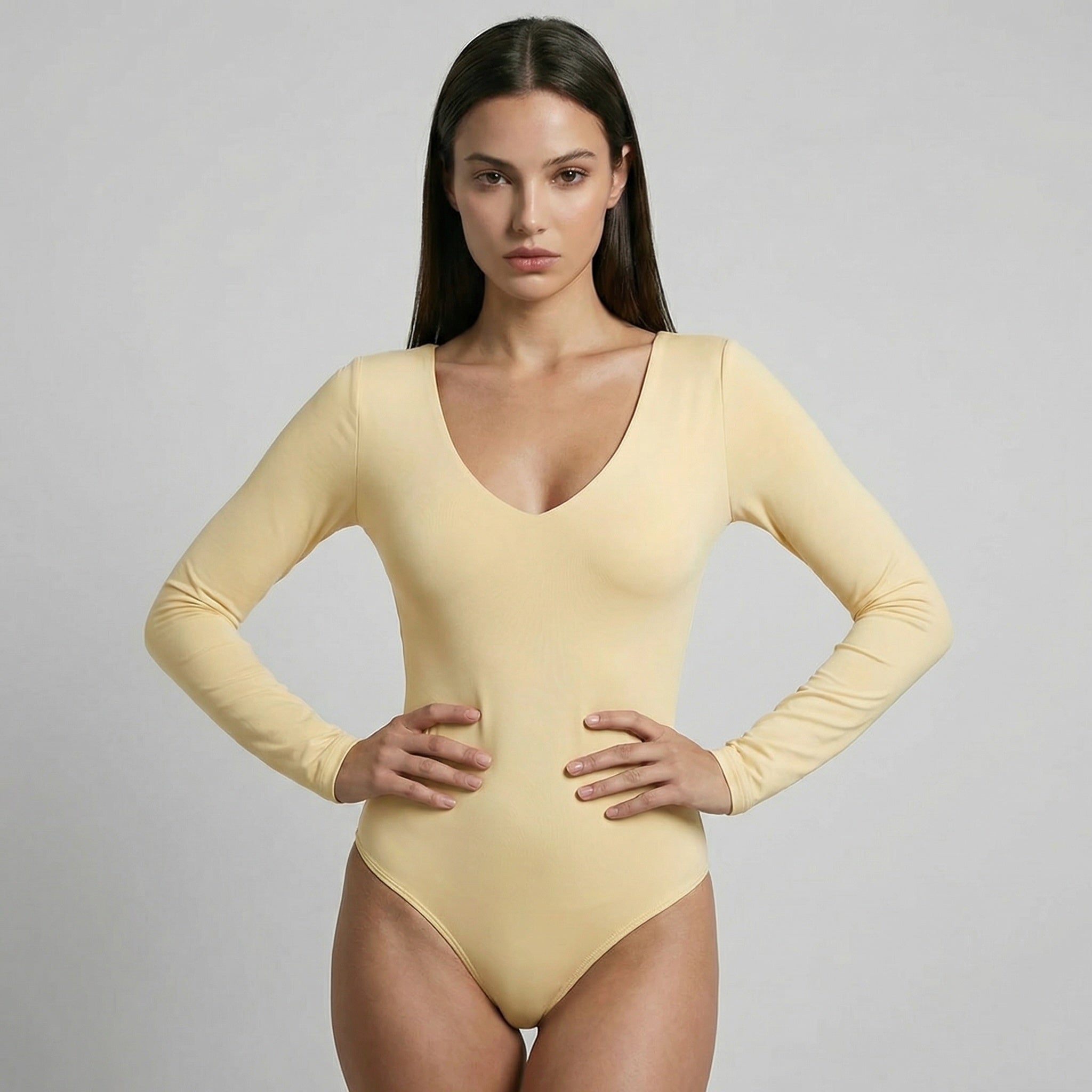 Body Escote En V Manga Larga Amarillo Mantequilla