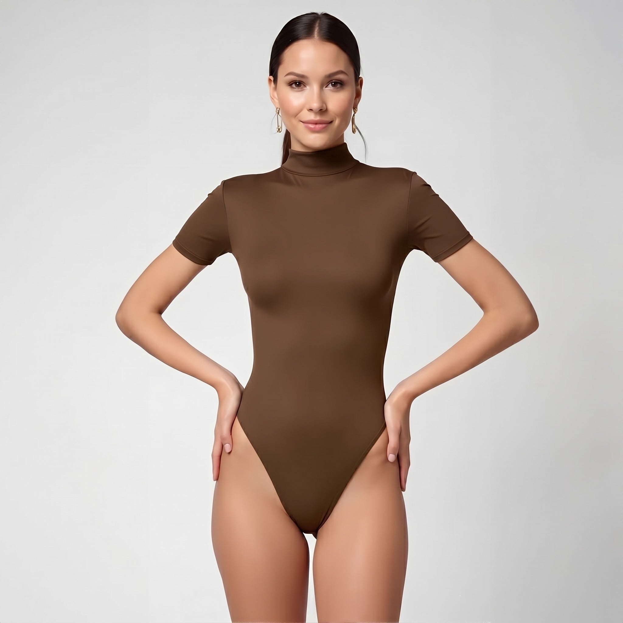 Body Cuello Alto Manga Corta Café