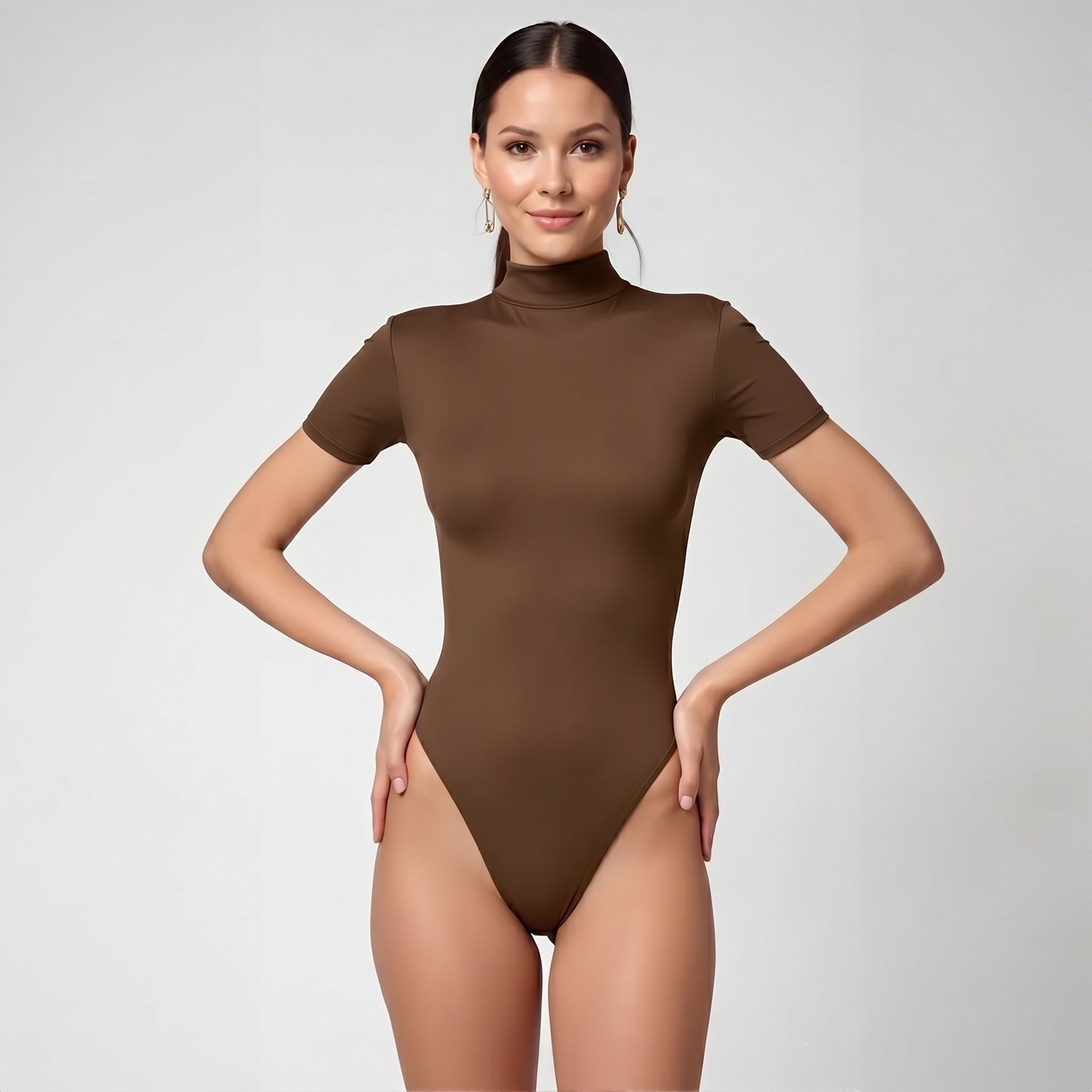 Body Cuello Alto Manga Corta Café