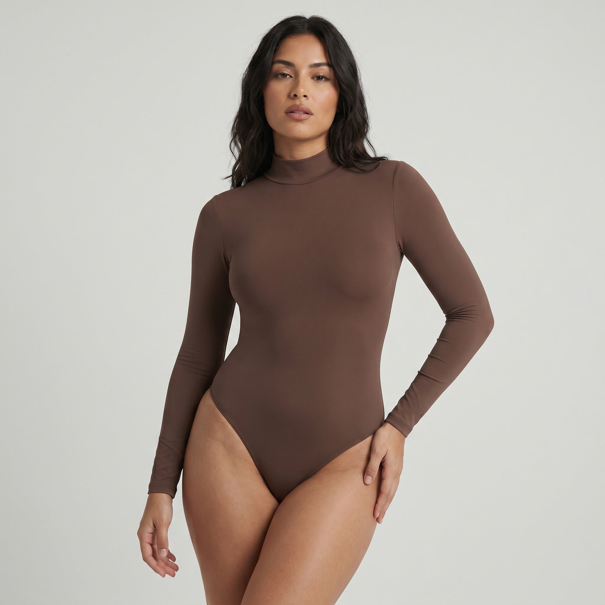 Body Cuello Alto Manga Larga Café Oscuro