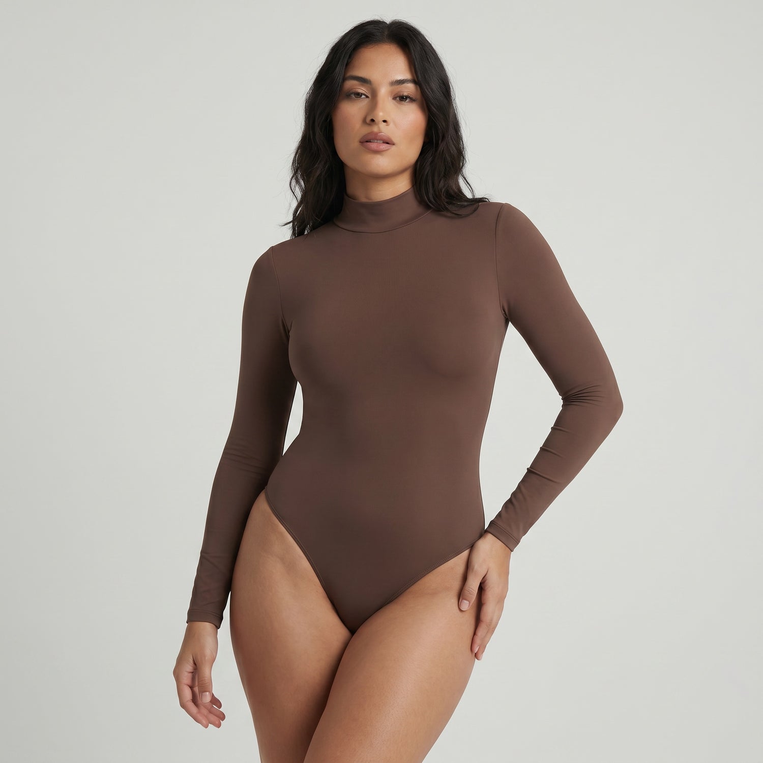 Body Cuello Alto Manga Larga Café Oscuro
