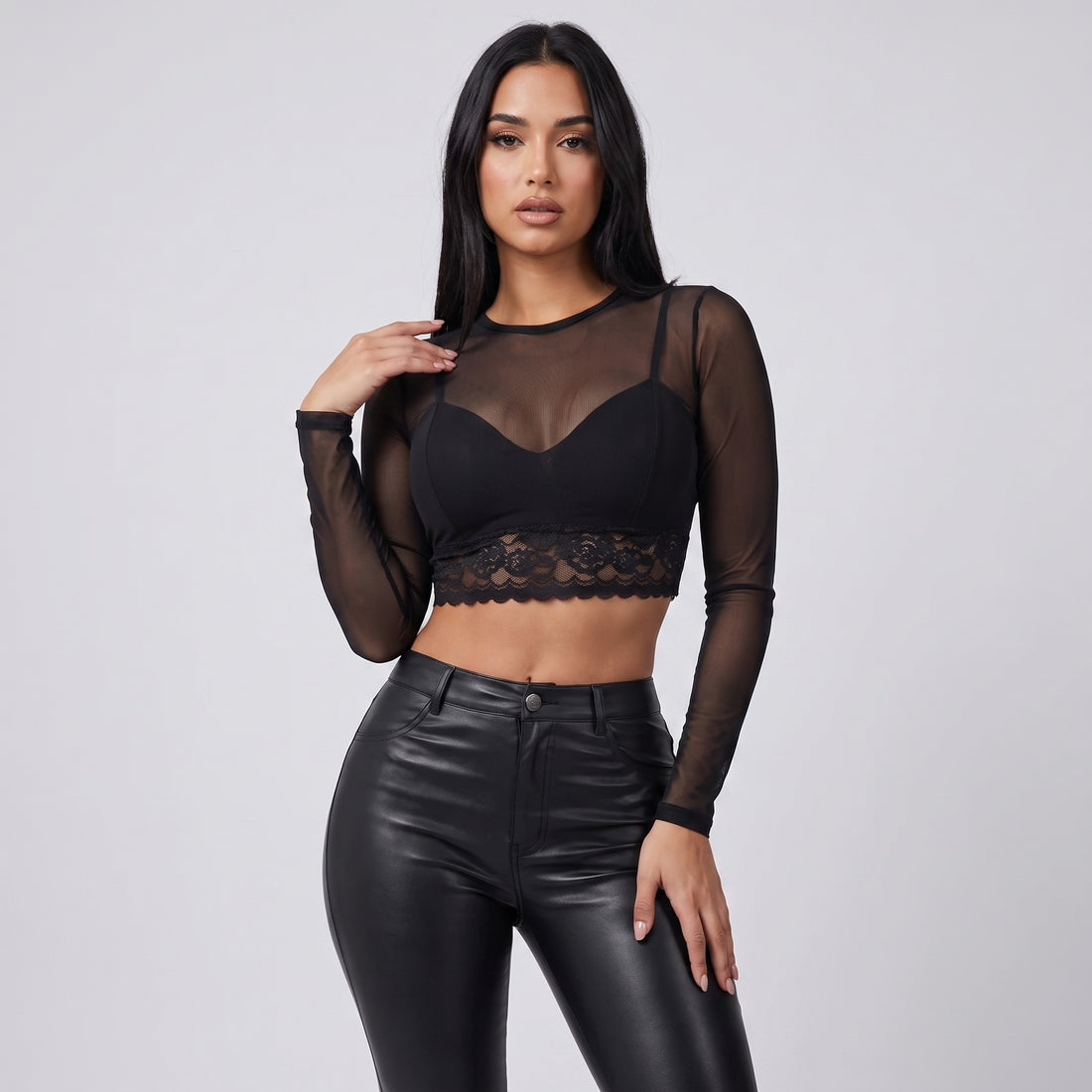 Blusa Mesh Manga Larga Noir Negro