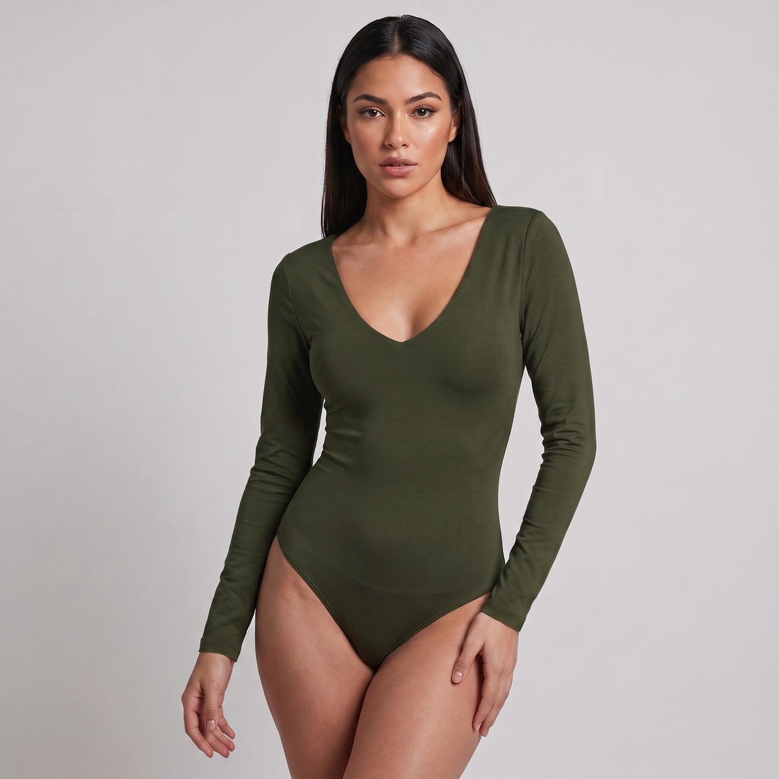Body Escote En V Manga Larga Verde Militar