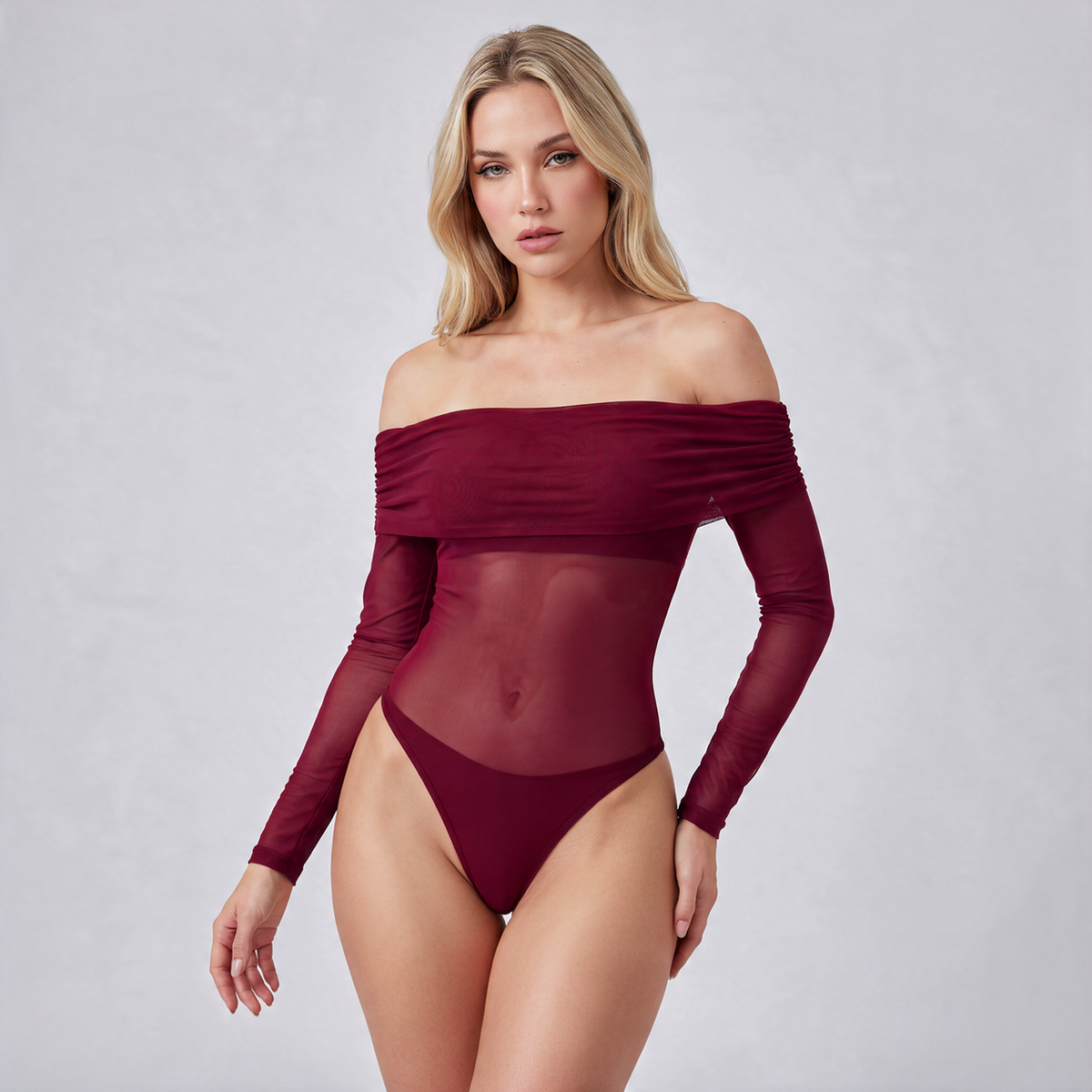 Body Mesh Manga Larga Diva Vino Tinto